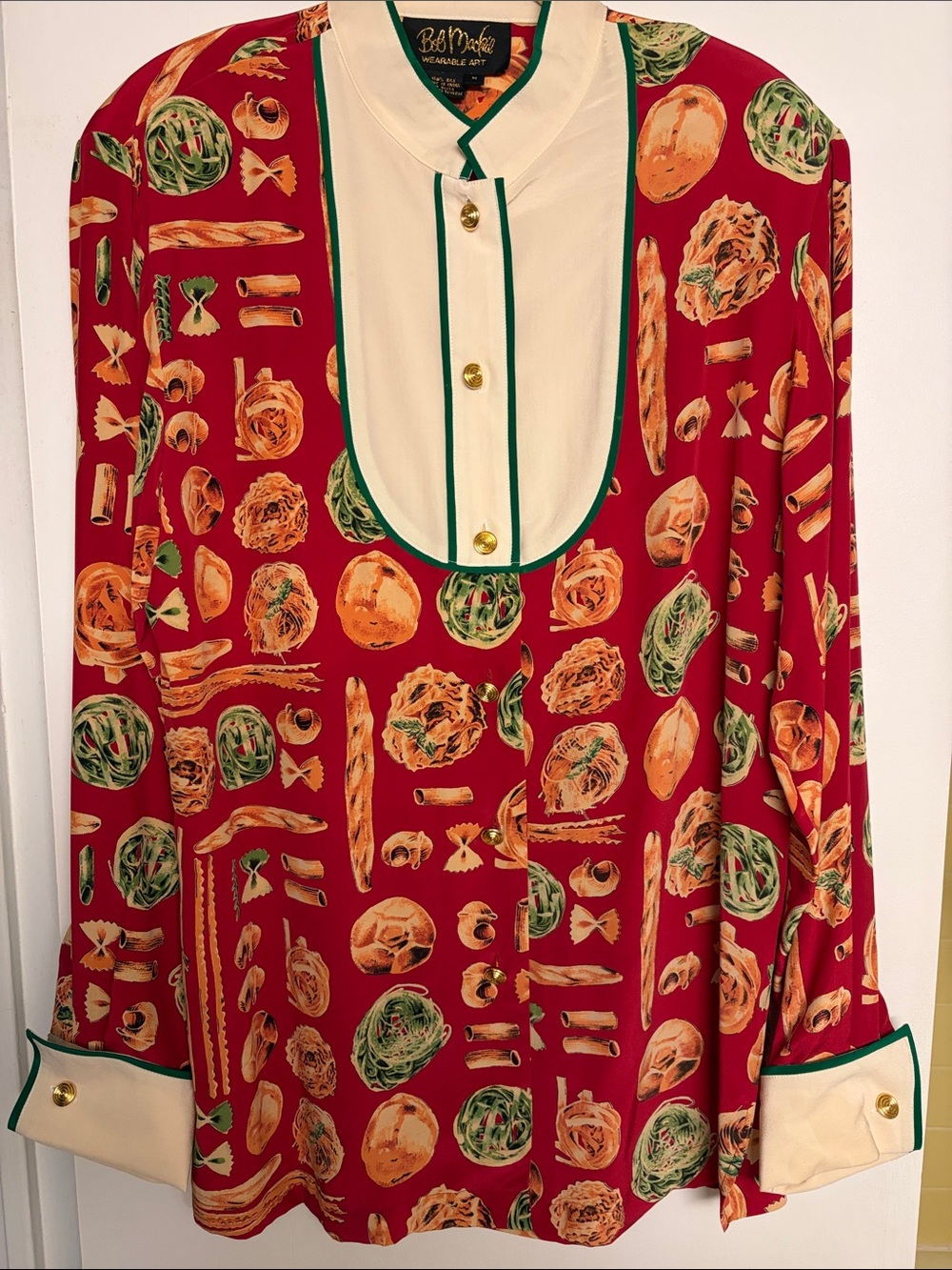 Vintage Bob Mackie Wearable Art Silk Italian Pasta Print Blouse Rare NWOT